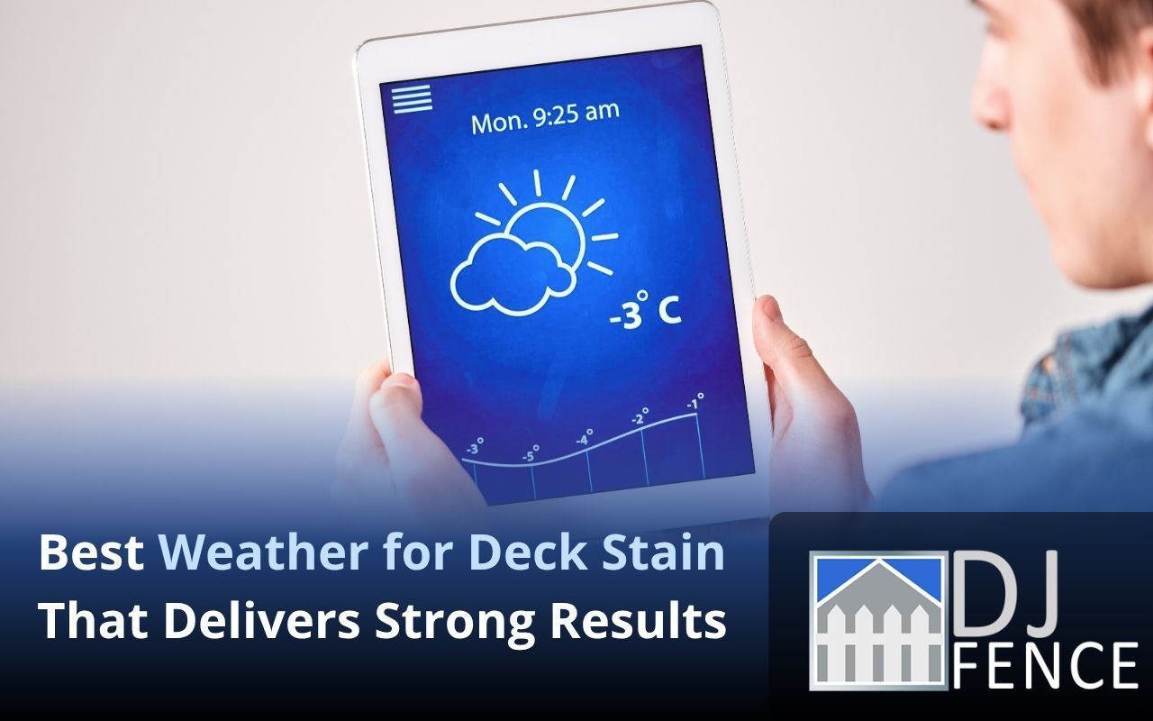Homeowner checking weather forecast before deck staining project