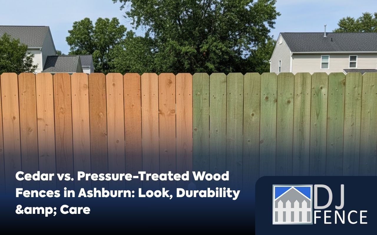 Cedar vs Pressure Treated Wood Fence in Ashburn side by side in a suburban backyard