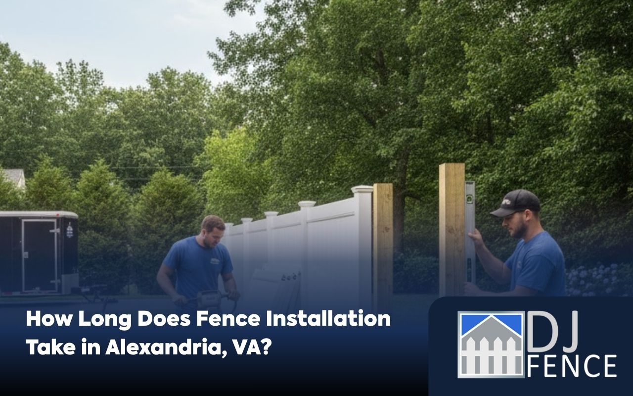 Backyard view showing Fence Installation Timelines in Alexandria VA with a crew installing posts