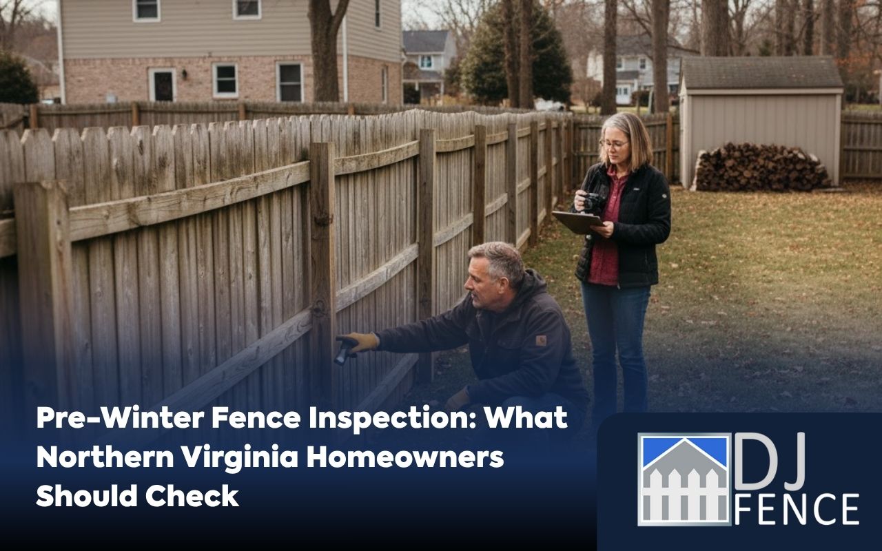 Homeowner doing a Pre Winter Fence Inspection in Northern Virginia on a wooden backyard fence.