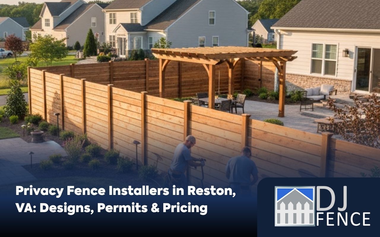 Privacy Fence Installers in Reston VA planning a vinyl privacy fence layout in a suburban backyard