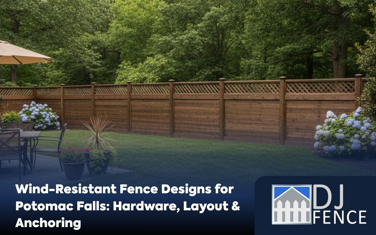 Backyard view with Wind Resistant Fence Designs in Potomac Falls using panel gaps to improve airflow and stability.