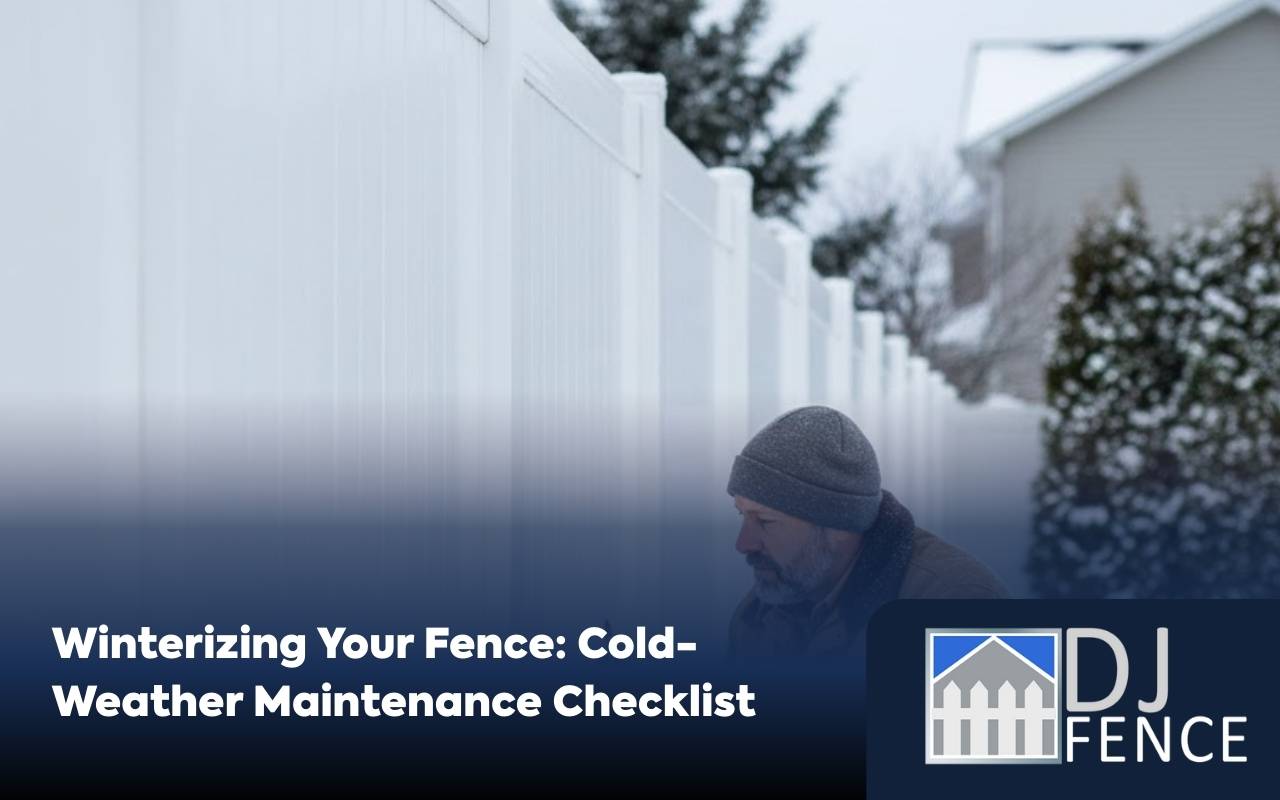 Homeowner inspecting wooden fence as part of a detailed Winter Fence Maintenance Checklist