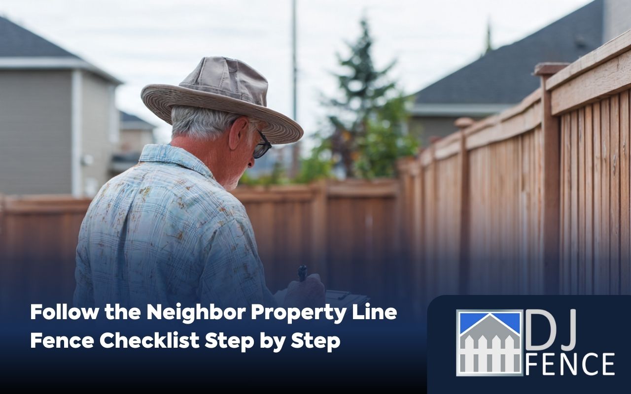 Homeowner reviewing a property survey using the Neighbor Property Line Fence Checklist before fence installation.