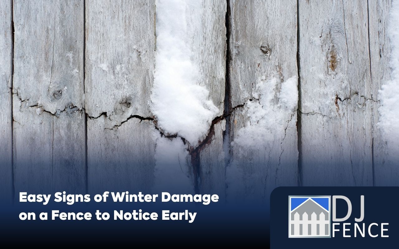 signs of winter damage on a fence with visible cracks in wood boards
