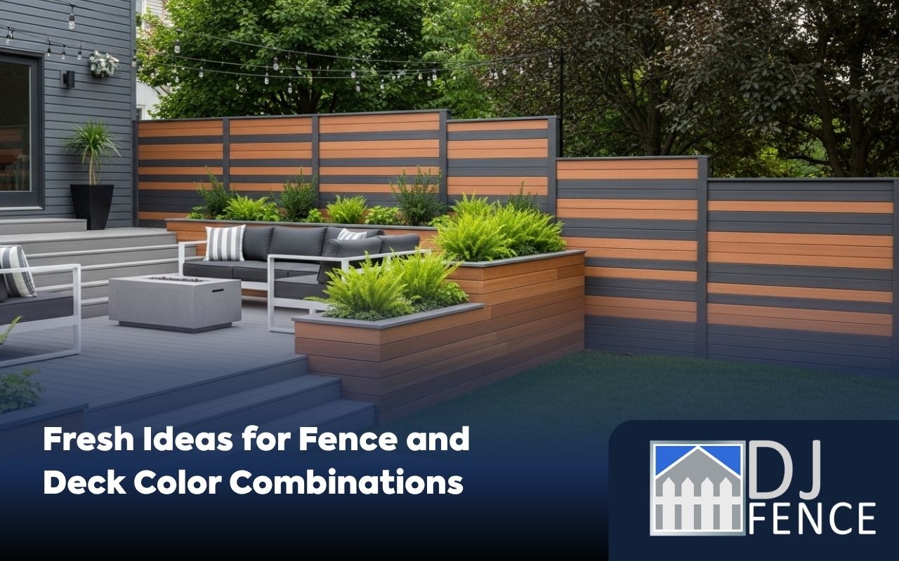 Modern backyard with fence and deck color combinations in gray and wood tones