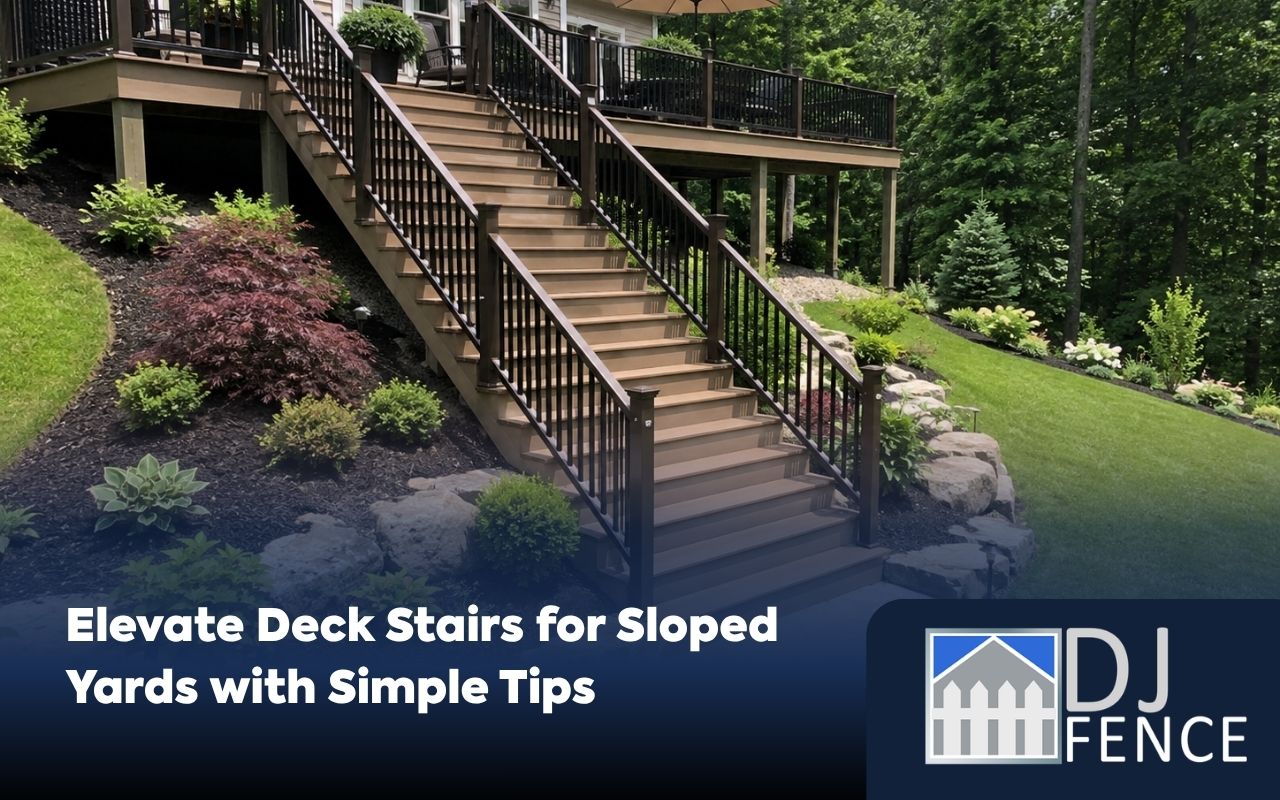 Deck stairs for sloped yards with a safe and clear layout