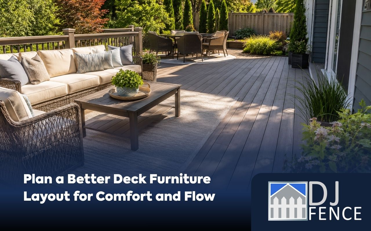 Deck furniture layout with clear seating and walking space