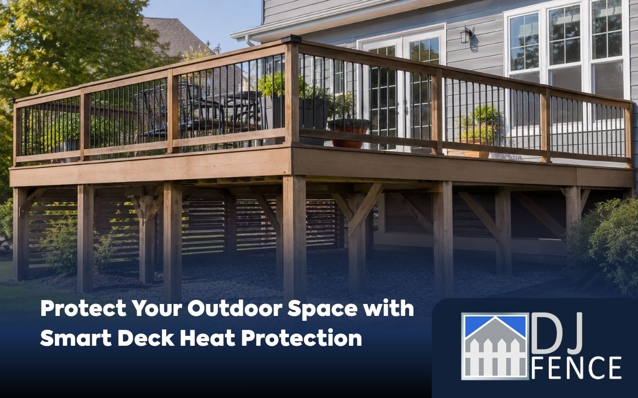 Shaded outdoor deck with deck heat protection for summer comfort