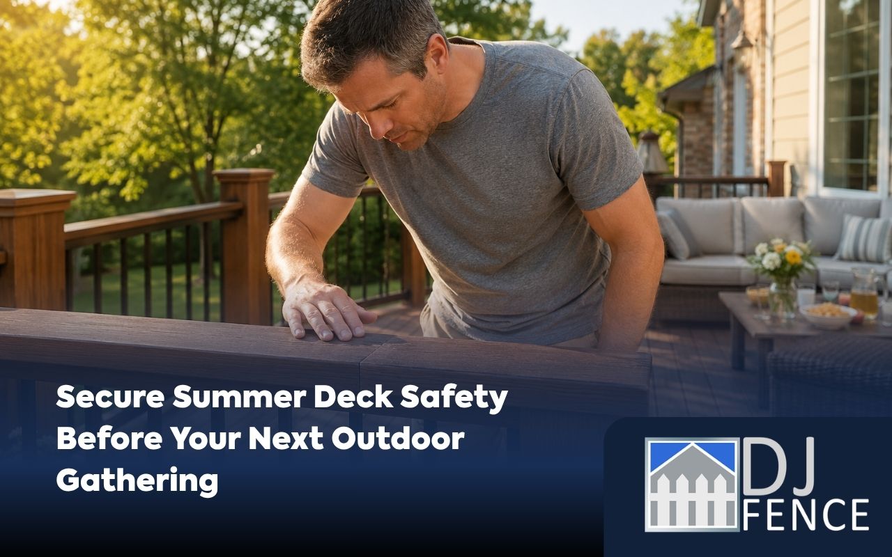 Homeowner checking summer deck safety before an outdoor gathering