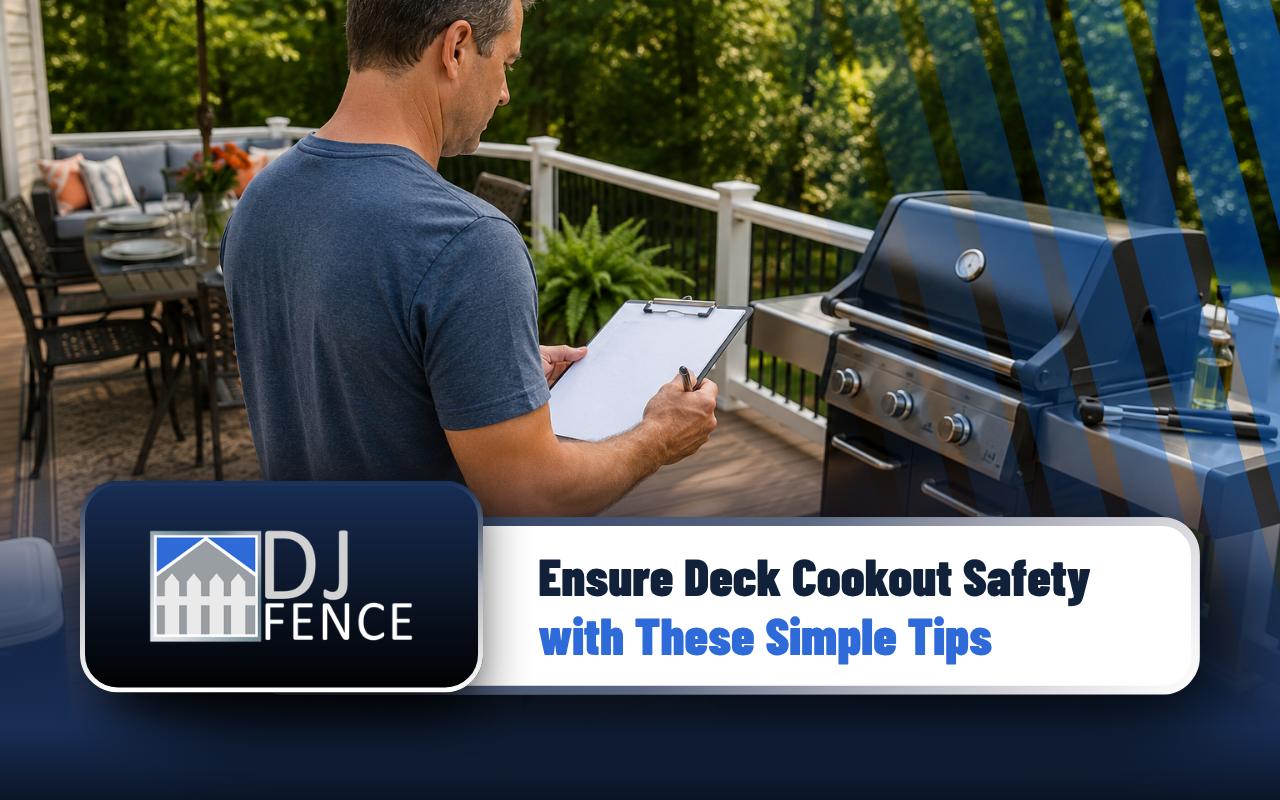 Homeowner reviewing a deck cookout safety checklist before guests arrive