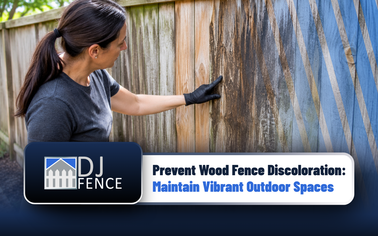 Homeowner inspecting wood fence discoloration on outdoor panels