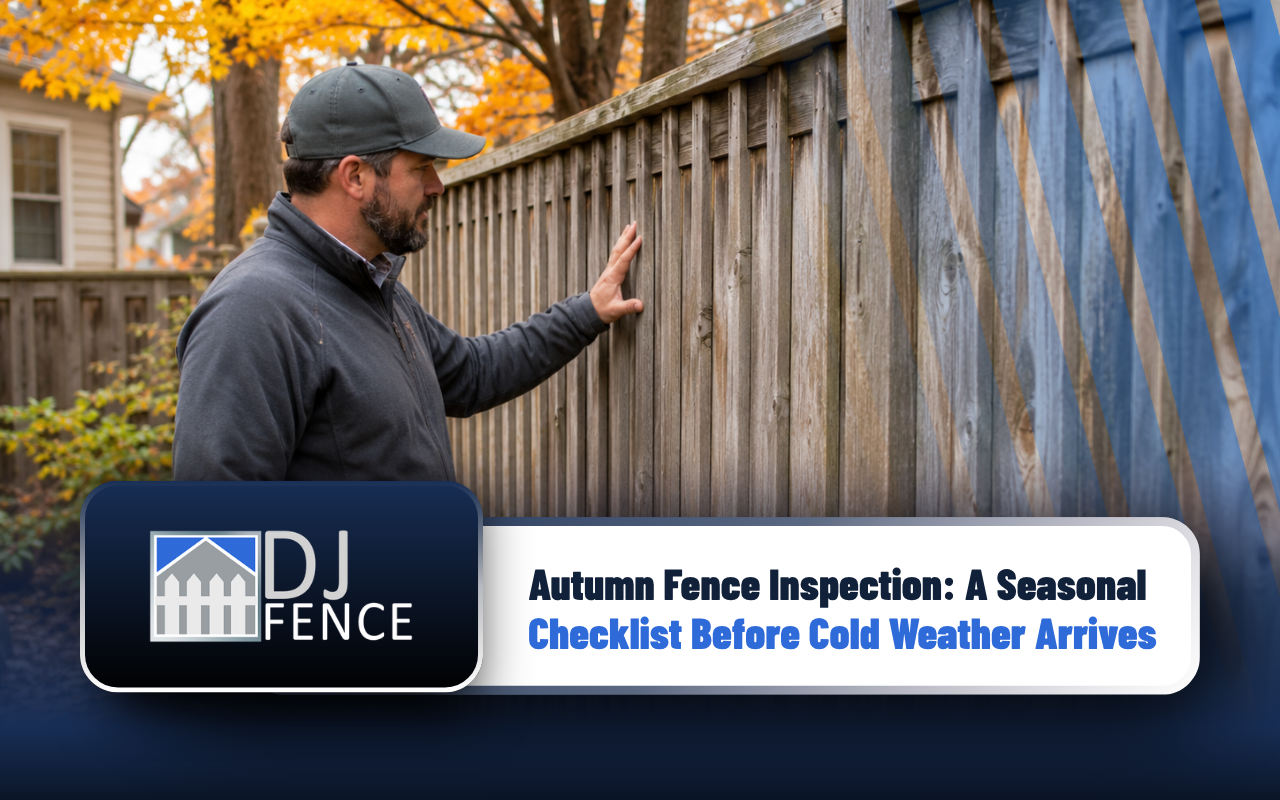 Residential fence being inspected for seasonal wear during autumn