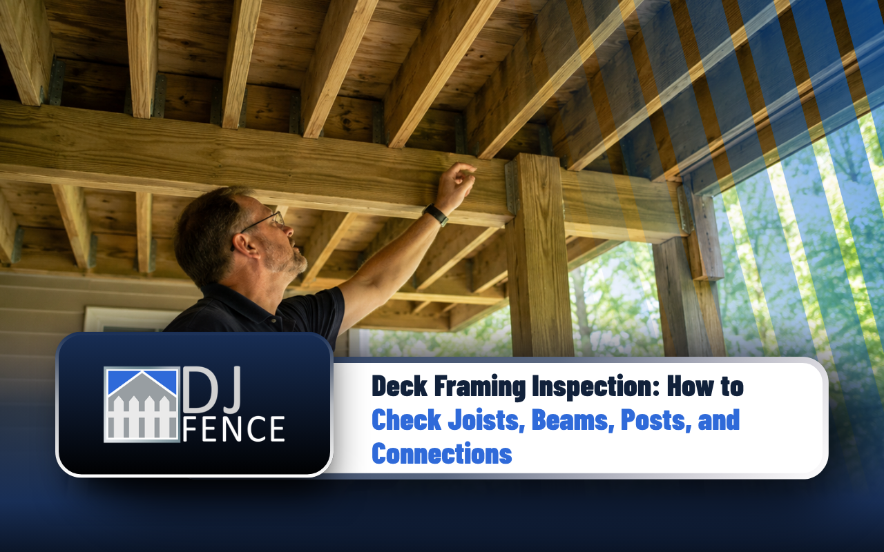 Deck framing being inspected beneath the finished deck surface