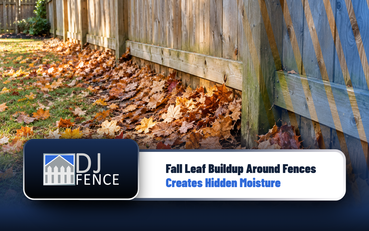 Fall leaf buildup around fences collecting near posts and lower rails