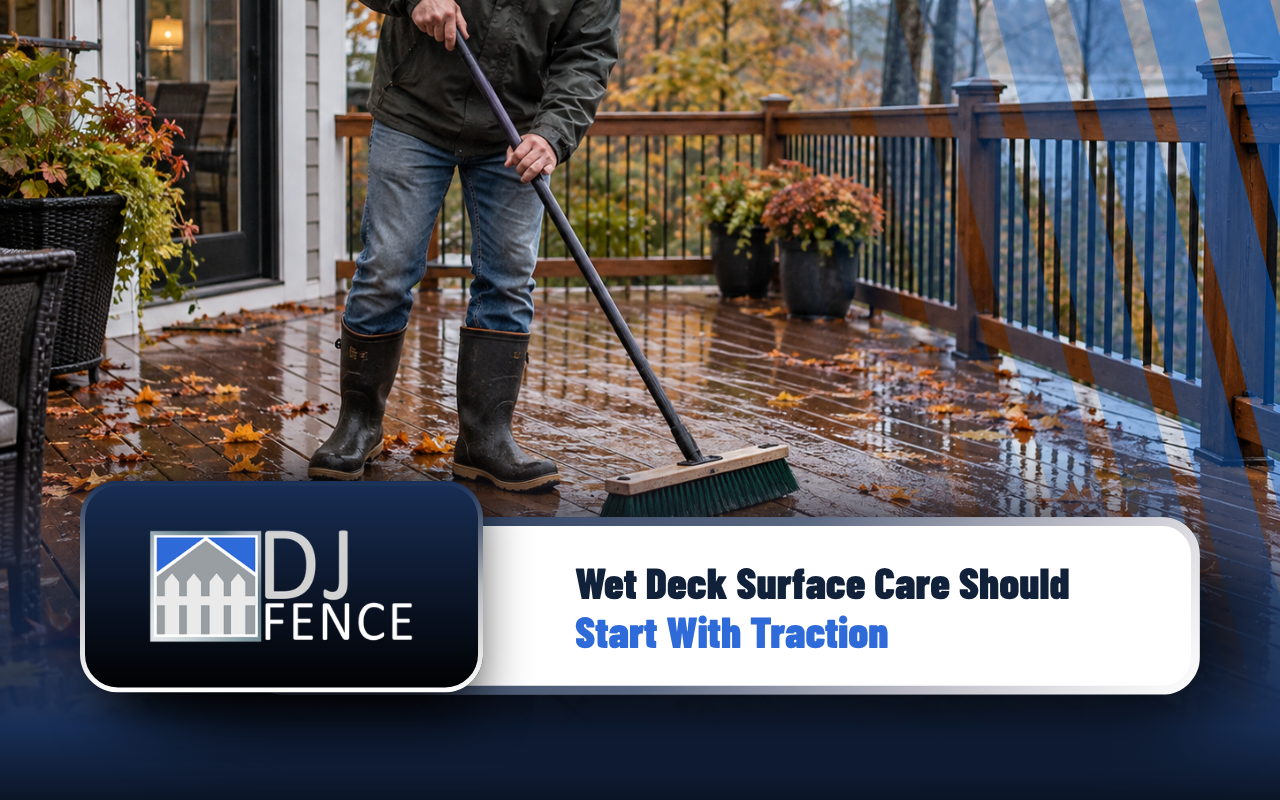 Wet deck surface care addressing slippery boards after autumn rain